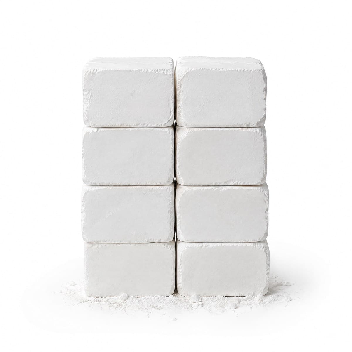 Eight white chalk blocks stacked in two columns of four, with loose chalk at the base