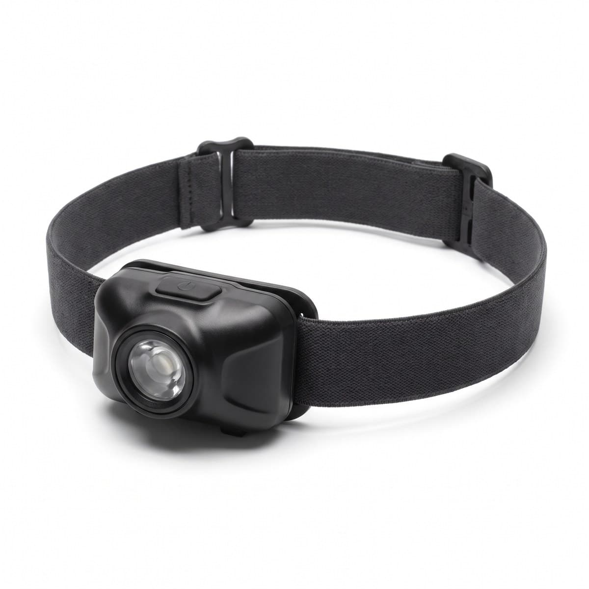 A compact black LED headlamp on a charcoal elastic strap