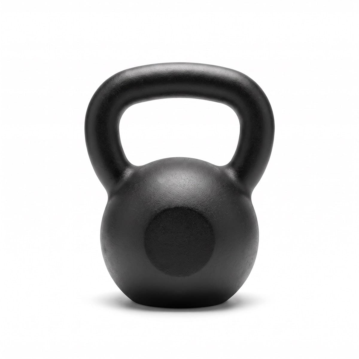 A matte black cast iron kettlebell with a wide smooth handle