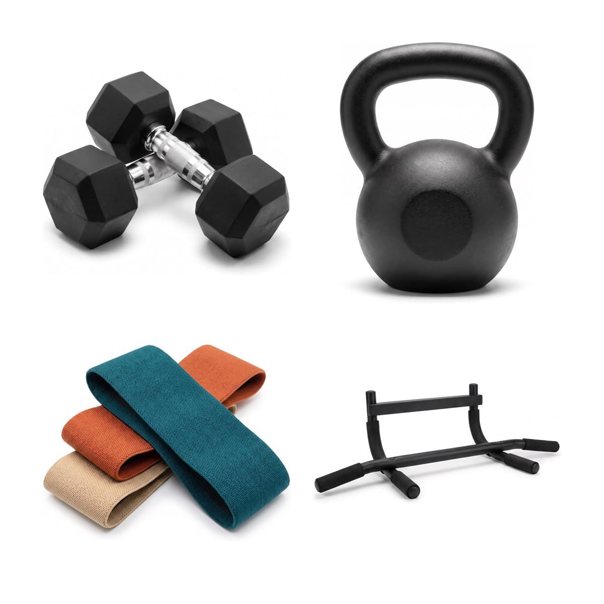 The Home Gym Starter Set laid out: a pair of hex dumbbells, a black kettlebell, three fabric loop bands and a doorway pull-up bar