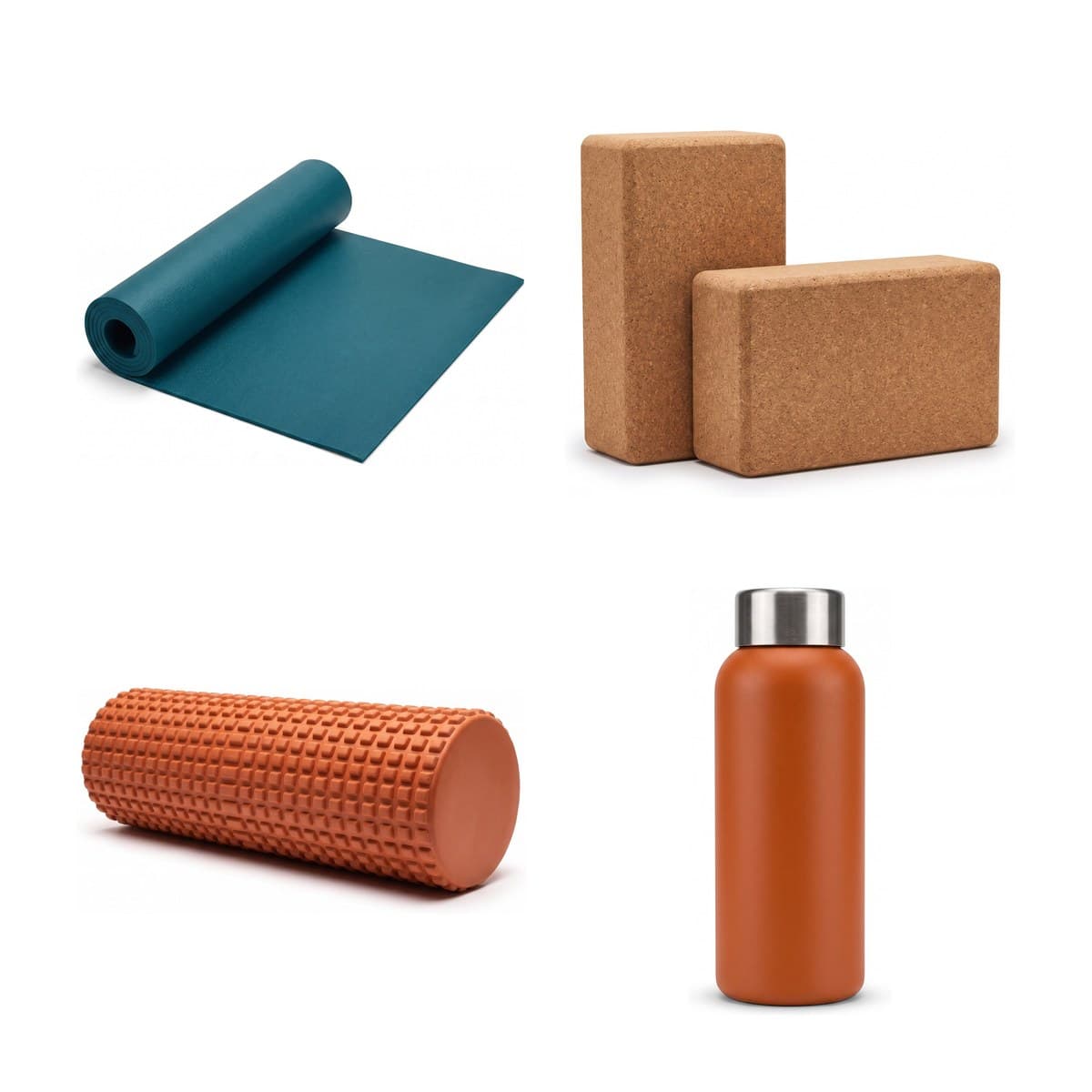 The Yoga and Recovery Set laid out: a teal yoga mat, two cork blocks, a terracotta foam roller and a burnt orange steel bottle