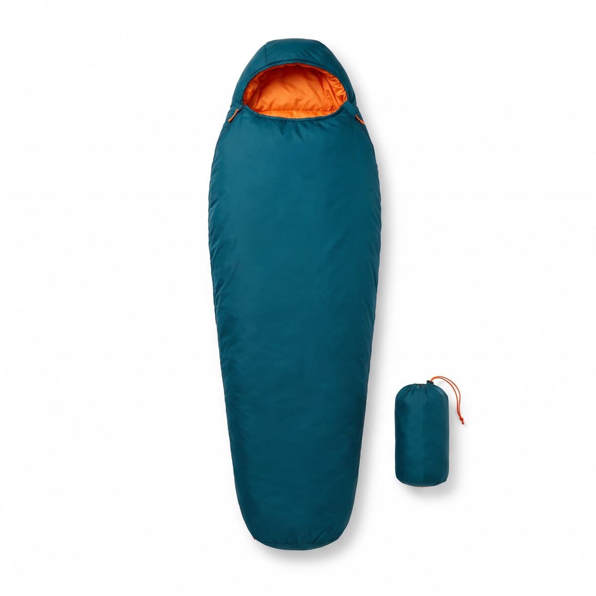 A deep teal mummy sleeping bag with an orange lining, laid flat beside its stuff sack