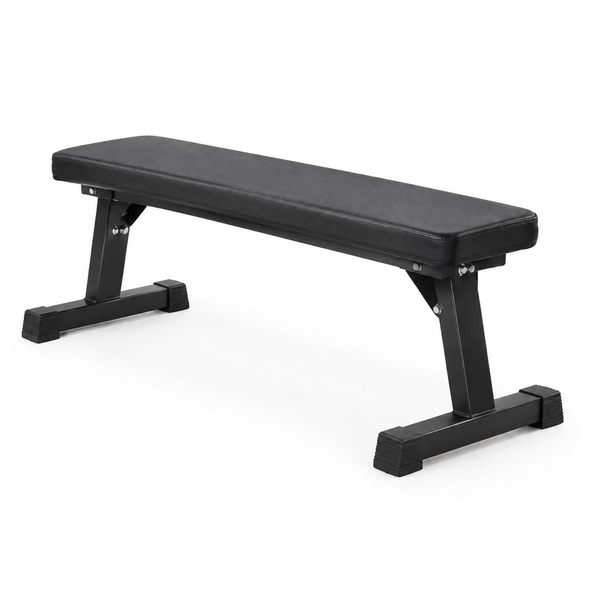 A flat weight bench with a black padded top on a black steel frame with T-feet, three-quarter view