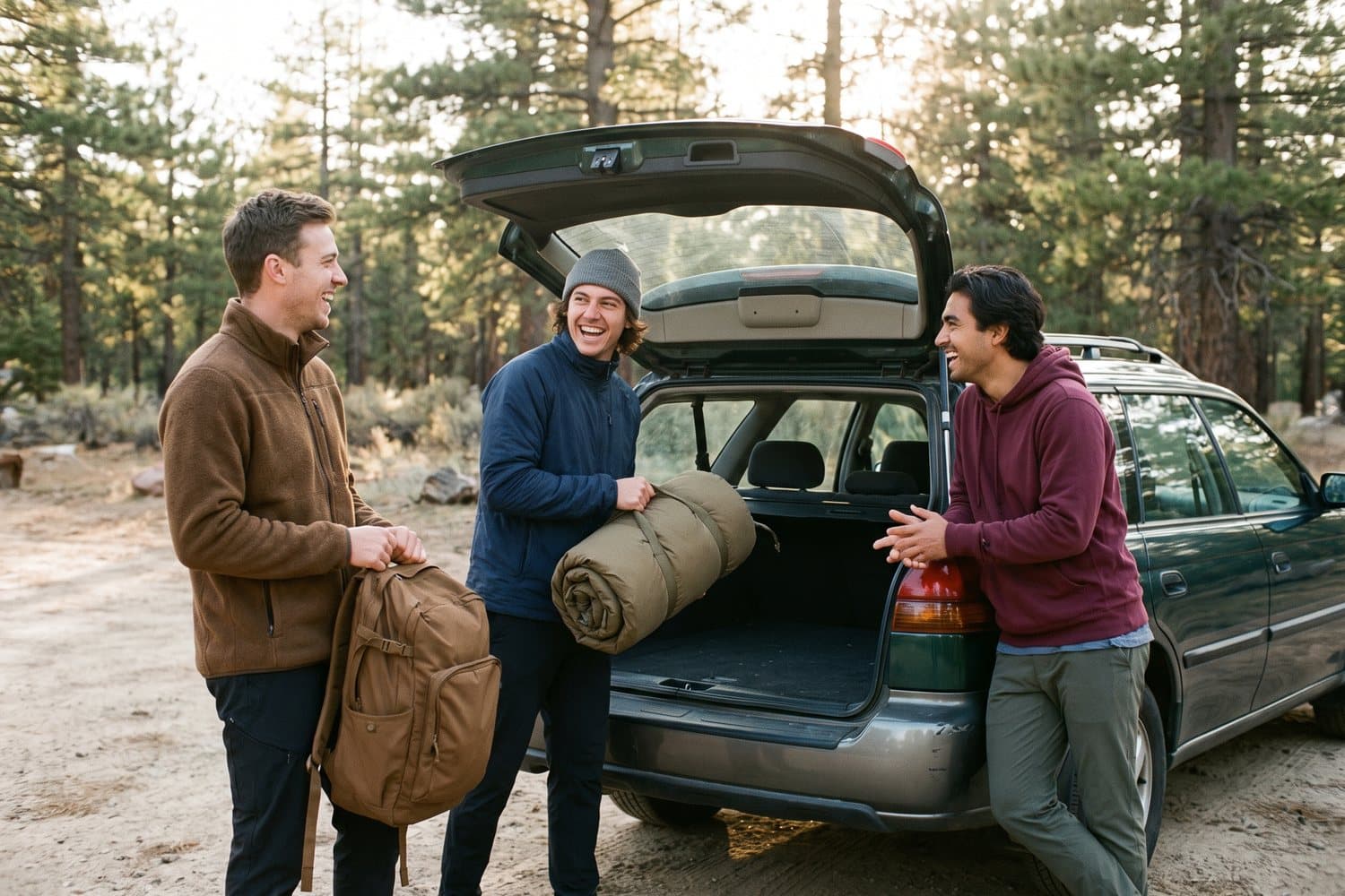 Three friends loading a backpack and a rolled sleeping bag into the back of a car at a trailhead in early morning light.